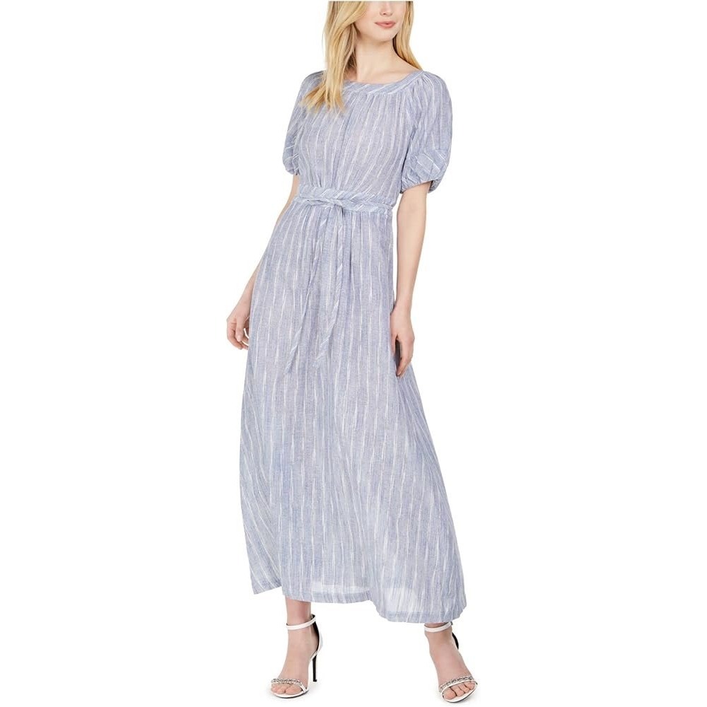 Calvin Klein Blue White Striped Cotton Maxi Dress Puff Sleeve Size 4‎ NEW
